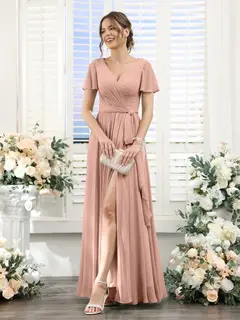 A-Line/Princess V-Neck Short Sleeves Floor-Length Chiffon Bridesmaid Dresses with Split Side & Ruched — view 8
