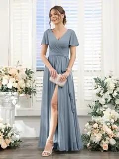 A-Line/Princess V-Neck Short Sleeves Floor-Length Chiffon Bridesmaid Dresses with Split Side & Ruched — view 9