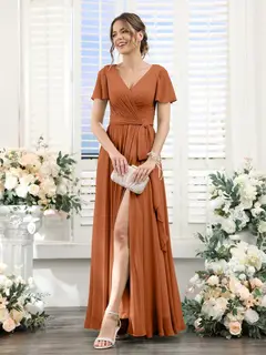 A-Line/Princess V-Neck Short Sleeves Floor-Length Chiffon Bridesmaid Dresses with Split Side & Ruched — view 10