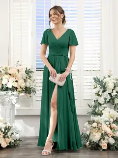 A-Line/Princess V-Neck Short Sleeves Floor-Length Chiffon Bridesmaid Dresses with Split Side & Ruched — view 11