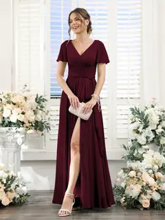 A-Line/Princess V-Neck Short Sleeves Floor-Length Chiffon Bridesmaid Dresses with Split Side & Ruched — view 12