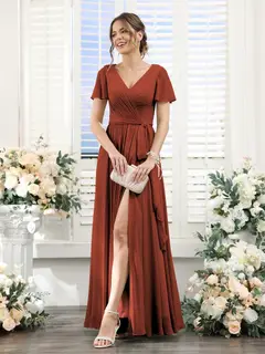 A-Line/Princess V-Neck Short Sleeves Floor-Length Chiffon Bridesmaid Dresses with Split Side & Ruched — view 13