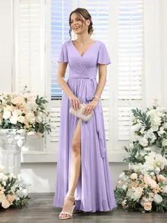 A-Line/Princess V-Neck Short Sleeves Floor-Length Chiffon Bridesmaid Dresses with Split Side & Ruched — view 14