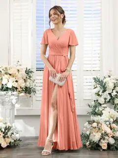 A-Line/Princess V-Neck Short Sleeves Floor-Length Chiffon Bridesmaid Dresses with Split Side & Ruched — view 15