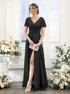 A-Line/Princess V-Neck Short Sleeves Floor-Length Chiffon Bridesmaid Dresses with Split Side & Ruched — view 18