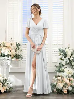 A-Line/Princess V-Neck Short Sleeves Floor-Length Chiffon Bridesmaid Dresses with Split Side & Ruched — view 19