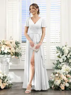 A-Line/Princess V-Neck Short Sleeves Floor-Length Chiffon Bridesmaid Dresses with Split Side & Ruched — view 20