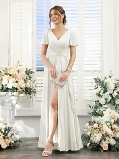 A-Line/Princess V-Neck Short Sleeves Floor-Length Chiffon Bridesmaid Dresses with Split Side & Ruched — view 21