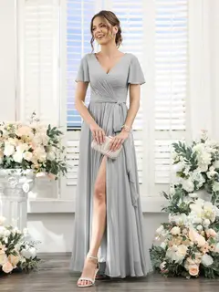 A-Line/Princess V-Neck Short Sleeves Floor-Length Chiffon Bridesmaid Dresses with Split Side & Ruched — view 22