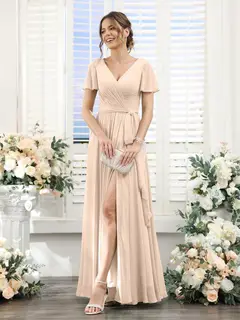 A-Line/Princess V-Neck Short Sleeves Floor-Length Chiffon Bridesmaid Dresses with Split Side & Ruched — view 23