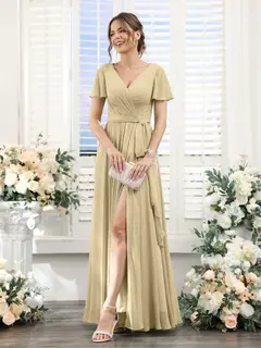 A-Line/Princess V-Neck Short Sleeves Floor-Length Chiffon Bridesmaid Dresses with Split Side & Ruched — view 24