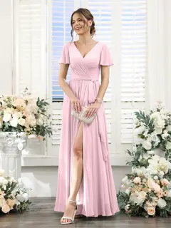 A-Line/Princess V-Neck Short Sleeves Floor-Length Chiffon Bridesmaid Dresses with Split Side & Ruched — view 25