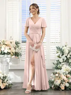 A-Line/Princess V-Neck Short Sleeves Floor-Length Chiffon Bridesmaid Dresses with Split Side & Ruched — view 26