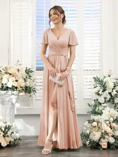 A-Line/Princess V-Neck Short Sleeves Floor-Length Chiffon Bridesmaid Dresses with Split Side & Ruched — view 28