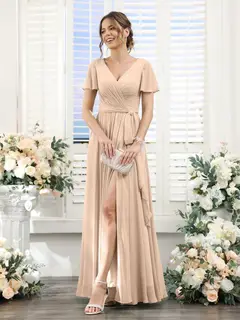 A-Line/Princess V-Neck Short Sleeves Floor-Length Chiffon Bridesmaid Dresses with Split Side & Ruched — view 29