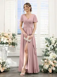A-Line/Princess V-Neck Short Sleeves Floor-Length Chiffon Bridesmaid Dresses with Split Side & Ruched — view 30