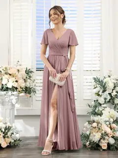 A-Line/Princess V-Neck Short Sleeves Floor-Length Chiffon Bridesmaid Dresses with Split Side & Ruched — view 31