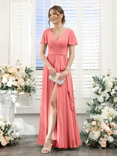 A-Line/Princess V-Neck Short Sleeves Floor-Length Chiffon Bridesmaid Dresses with Split Side & Ruched — view 32