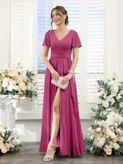 A-Line/Princess V-Neck Short Sleeves Floor-Length Chiffon Bridesmaid Dresses with Split Side & Ruched — view 35