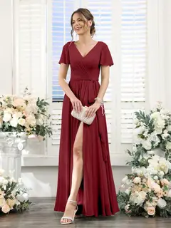 A-Line/Princess V-Neck Short Sleeves Floor-Length Chiffon Bridesmaid Dresses with Split Side & Ruched — view 37
