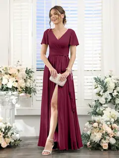 A-Line/Princess V-Neck Short Sleeves Floor-Length Chiffon Bridesmaid Dresses with Split Side & Ruched — view 38