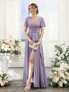 A-Line/Princess V-Neck Short Sleeves Floor-Length Chiffon Bridesmaid Dresses with Split Side & Ruched — view 39