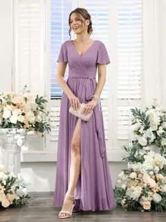 A-Line/Princess V-Neck Short Sleeves Floor-Length Chiffon Bridesmaid Dresses with Split Side & Ruched — view 40
