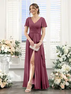 A-Line/Princess V-Neck Short Sleeves Floor-Length Chiffon Bridesmaid Dresses with Split Side & Ruched — view 43