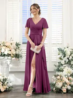 A-Line/Princess V-Neck Short Sleeves Floor-Length Chiffon Bridesmaid Dresses with Split Side & Ruched — view 44