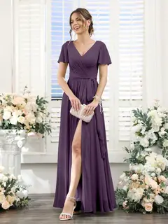 A-Line/Princess V-Neck Short Sleeves Floor-Length Chiffon Bridesmaid Dresses with Split Side & Ruched — view 46