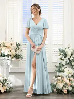 A-Line/Princess V-Neck Short Sleeves Floor-Length Chiffon Bridesmaid Dresses with Split Side & Ruched — view 47