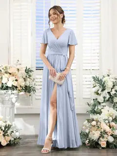 A-Line/Princess V-Neck Short Sleeves Floor-Length Chiffon Bridesmaid Dresses with Split Side & Ruched — view 48
