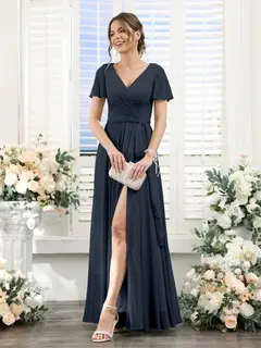 A-Line/Princess V-Neck Short Sleeves Floor-Length Chiffon Bridesmaid Dresses with Split Side & Ruched — view 58