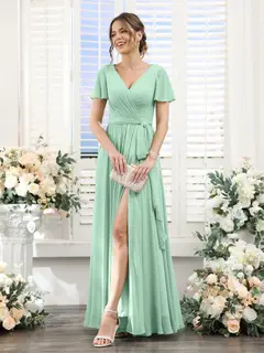 A-Line/Princess V-Neck Short Sleeves Floor-Length Chiffon Bridesmaid Dresses with Split Side & Ruched — view 60
