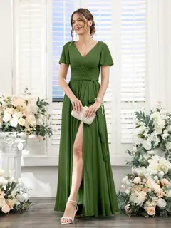A-Line/Princess V-Neck Short Sleeves Floor-Length Chiffon Bridesmaid Dresses with Split Side & Ruched — view 64