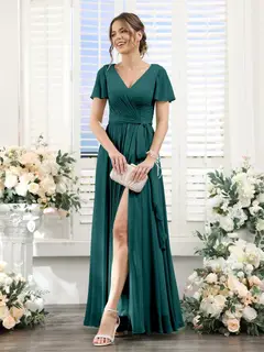 A-Line/Princess V-Neck Short Sleeves Floor-Length Chiffon Bridesmaid Dresses with Split Side & Ruched — view 65