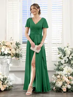 A-Line/Princess V-Neck Short Sleeves Floor-Length Chiffon Bridesmaid Dresses with Split Side & Ruched — view 66