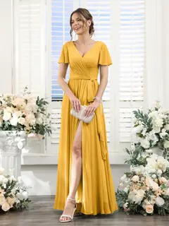 A-Line/Princess V-Neck Short Sleeves Floor-Length Chiffon Bridesmaid Dresses with Split Side & Ruched — view 69