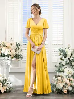 A-Line/Princess V-Neck Short Sleeves Floor-Length Chiffon Bridesmaid Dresses with Split Side & Ruched — view 70