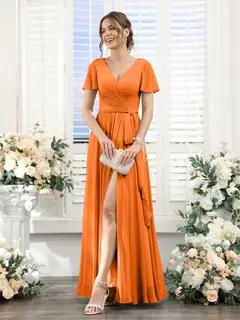 A-Line/Princess V-Neck Short Sleeves Floor-Length Chiffon Bridesmaid Dresses with Split Side & Ruched — view 71