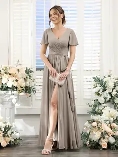 A-Line/Princess V-Neck Short Sleeves Floor-Length Chiffon Bridesmaid Dresses with Split Side & Ruched — view 72