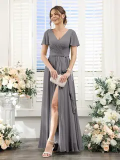 A-Line/Princess V-Neck Short Sleeves Floor-Length Chiffon Bridesmaid Dresses with Split Side & Ruched — view 73