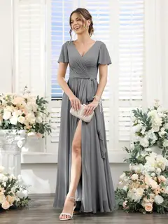 A-Line/Princess V-Neck Short Sleeves Floor-Length Chiffon Bridesmaid Dresses with Split Side & Ruched — view 74