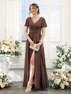 A-Line/Princess V-Neck Short Sleeves Floor-Length Chiffon Bridesmaid Dresses with Split Side & Ruched — view 75