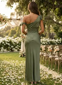 Sheath/Column One-Shoulder Silk Satin Bridesmaid Dresses Sleeveless Ankle-Length Bowknot — view 2