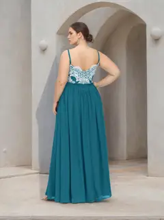 A-Line/Princess Spaghetti Straps V-Neck Sleeveless Floor-Length Plus Size Bridesmaid Dresses with Split Side & Appliques — view 2