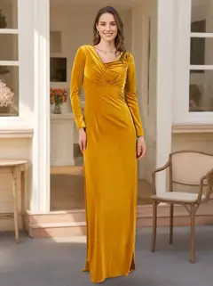 A-Line/Princess Long Sleeves Floor-Length Velvet Bridesmaid Dresses with Ruffles — view 1