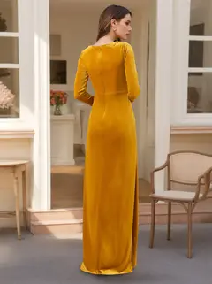 A-Line/Princess Long Sleeves Floor-Length Velvet Bridesmaid Dresses with Ruffles — view 2