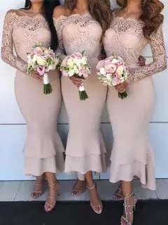Trumpet/Mermaid Off-the-Shoulder Long Sleeves Asymmetrical Bridesmaid Dresses with Ruffles — view 1