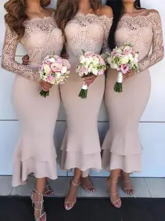 Trumpet/Mermaid Off-the-Shoulder Long Sleeves Asymmetrical Bridesmaid Dresses with Ruffles — view 2